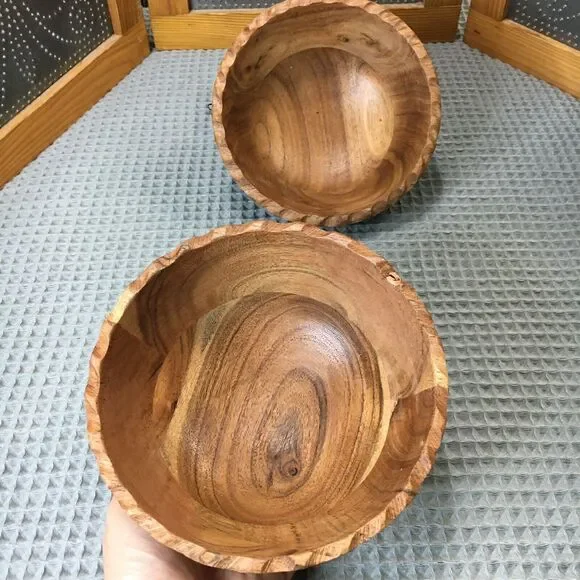 Set of 2 Handcrafted Wooden Bowls 6.5" Small Wood Bowls Artisan Natural Rustic - Picture 7 of 11